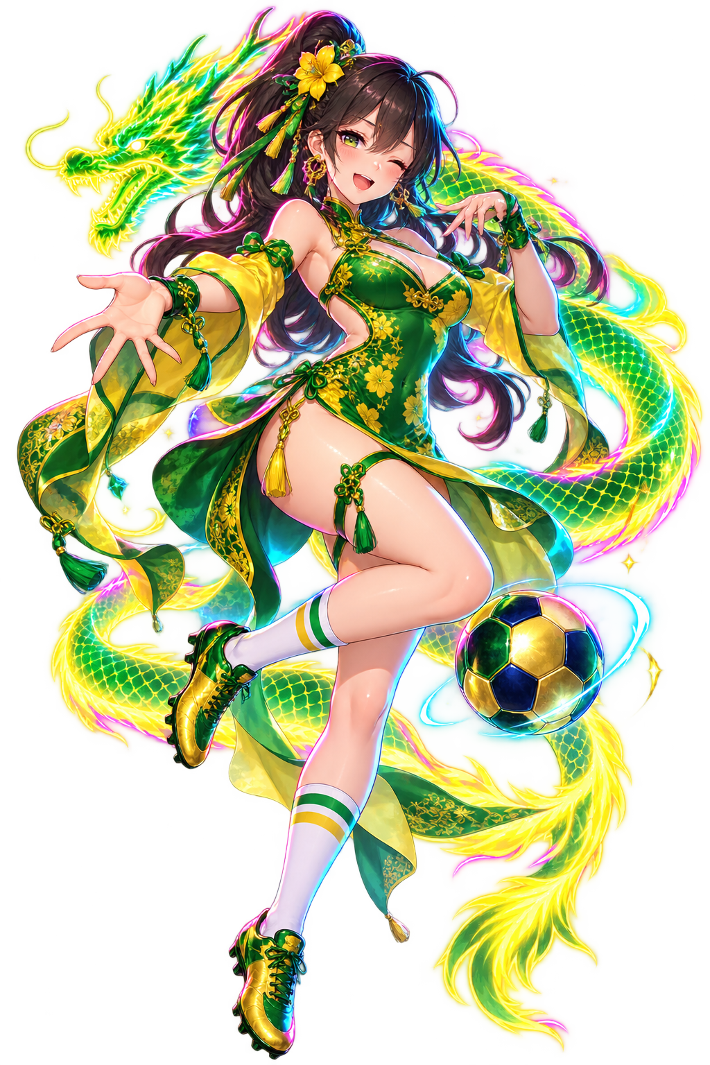 Mascote adulta em estilo anime, com jaqueta futurista e detalhes de dragão, iluminada por neon rosa e azul.